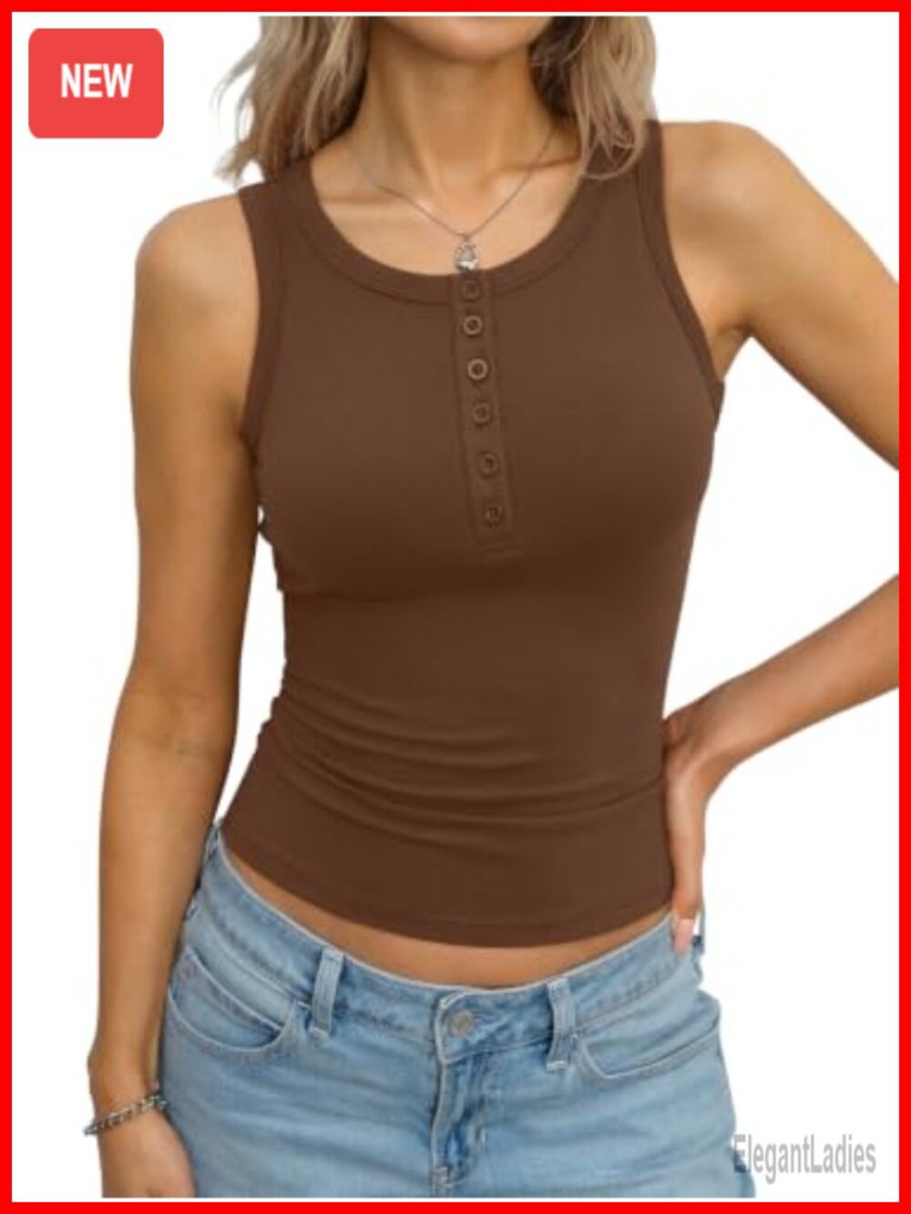 EasyGala Womens Cotton Henley High Neck Tank Top Fitted Sleeveless Top